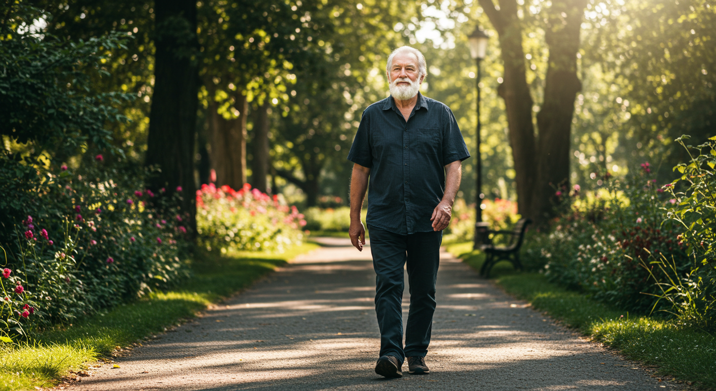 Person walking confidently in a park